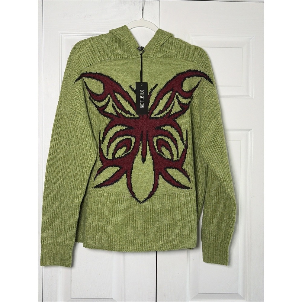 Current Mood Fly Away Butterfly Hoodie Womens Size M Green Y2K Knit Dolls Kill